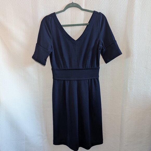 Pink Tartan Navy Stretch Sheath Dress Pockets Zip Back Size Small Tailored Fit - Picture 5 of 13